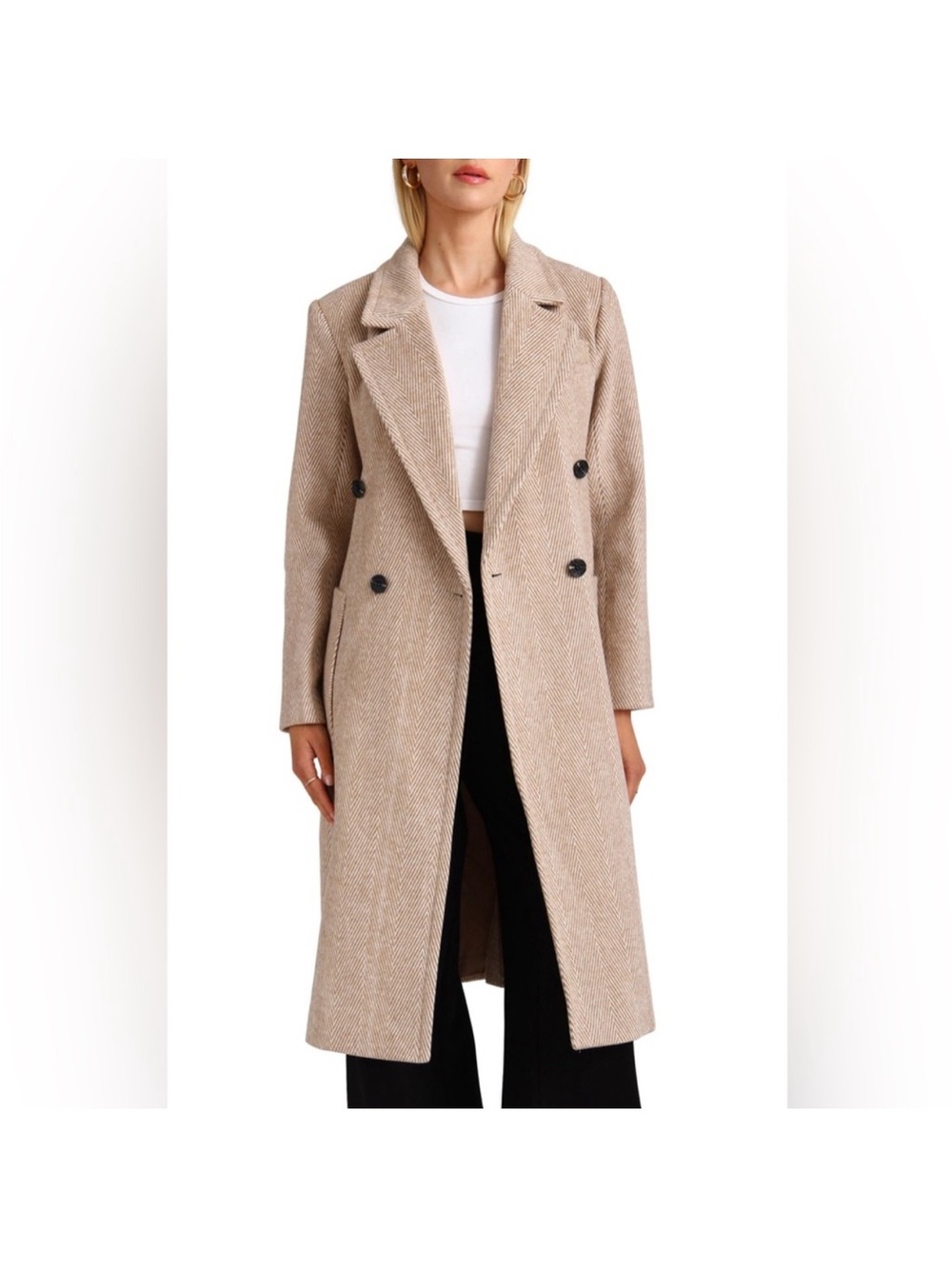 Avec Les Filles Beige Herringbone Double-Breasted Trench Coat NWOT